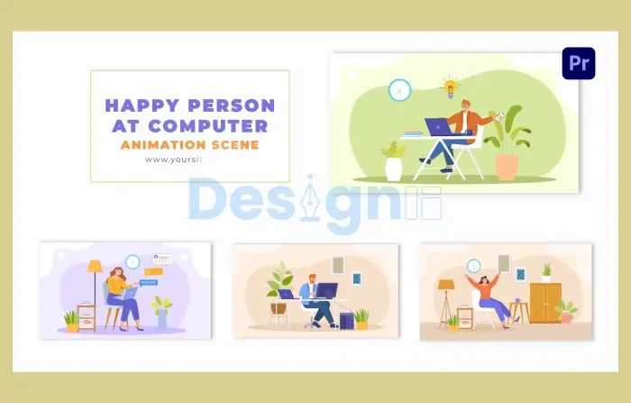 Flat 2D Vector Happy Person at Computer Animation Scene Template